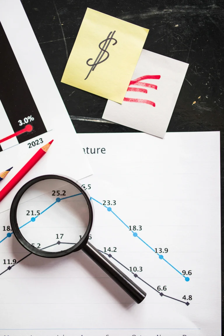 Wykresy, pieniądze, lupa